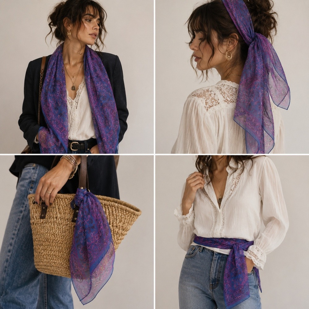 Vintage 100% Silk Chiffon Paisley Scarf Women Blue Purple Sheer Boho Jewel Tone